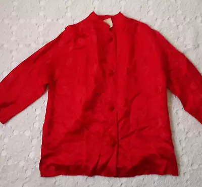 Vtg 60s Smoking Jacket Red Satin Button Up Dolman Sleeve Silk Asian Large Women • $14.99