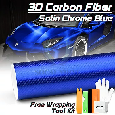 Satin Chrome Carbon Fiber Blue Vinyl Wrap Air Release Decal Sheet Film Sticker • $4.99