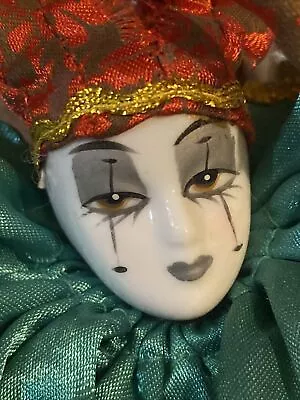 Vtg Mardi Gras Court Jester Clown Porcelain Doll Red  Green & Gold & Stand 12” • $15.93
