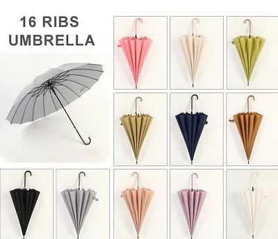 16 Ribs Long Handle Umbrella Travel Portable Umbrella Automatic Open Rain • £9.99