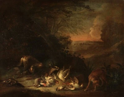 £330 • Buy 17th CENTURY FLEMISH OLD MASTER OIL CANVAS SUNSET LANDSCAPE WITH DEAD GAME & DOG