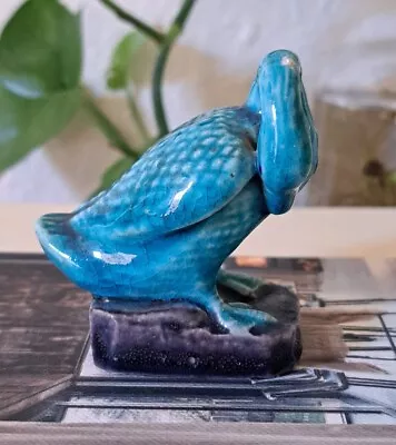 Vintage China Majolica Porcelain Turquoise Preening Duck Goose 2.75  X 2.5   • $10.95