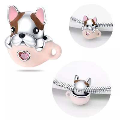 Genuine Sterling Silver 925 French Bulldog Pug Dog Puppy Love Mug Cup Charm • £13.99