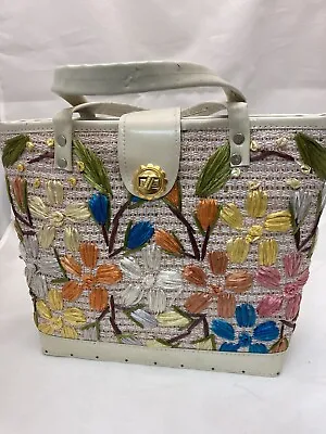 Vintage 60s Straw Bucket Bag Embroidered Floral Raffia Summer Tote Handbag  • $19.99