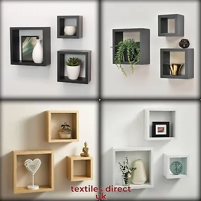 Wall Mount Wooden Floating Cube Shelves Disply Square Box Storage Shelf Set Of 3 • £13.75