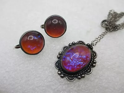 VTG DRAGONS BREATH GLASS Cabochon STERLING SILVER Pendant Necklace & Earrings • $145