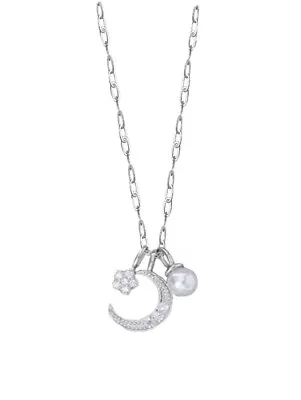 ZARD Moon Star Charm Necklace With CZ And Pearl Accents In 925 Sterling Silver • $22.89