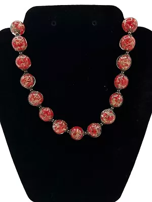 Vintage Murano Venetian Glass Beads Necklace Clear With Red & Copper Flecks • $39.99