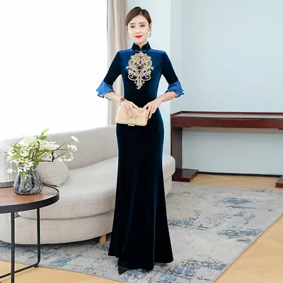 Lady Velvet Cheongsam Dress Fishtail Embroidery Ruffle Sleeve Slim Vintage Blue • $37.04