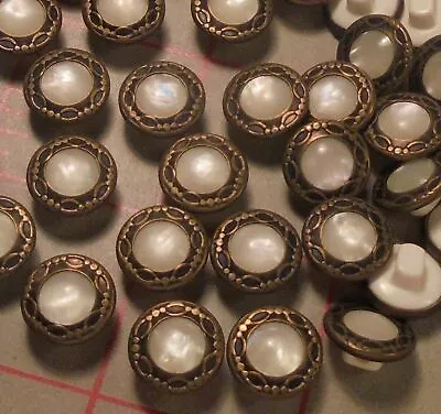 10 Vintage Cute Little Shank Buttons Pearlized White Engraved Metal Rim 1/2   • $5