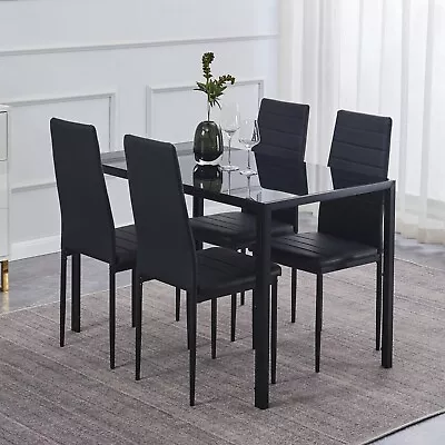 4x Black Faux Leather Dining Chairs With Black Tempered Glass Dining Table Set • $199.99