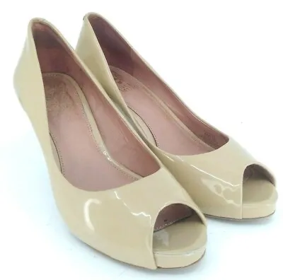 Vince Camuto Kira Pump Women 6M Beige Patent Slip On Peep Toe Platform Heel Shoe • $33.98