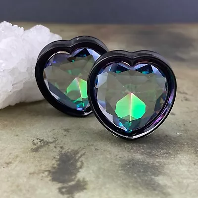 Pair Of Black Steel Heart Plugs With Aurora Borealis Gem (PS-287) Gauges • $21.49