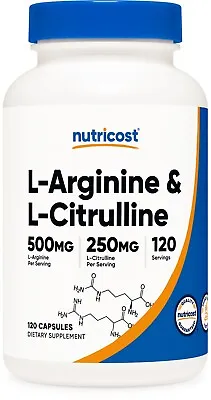 Nutricost L-Arginine L-Citrulline Complex 750mg 120 Capsules - Non-GMO • $11.99