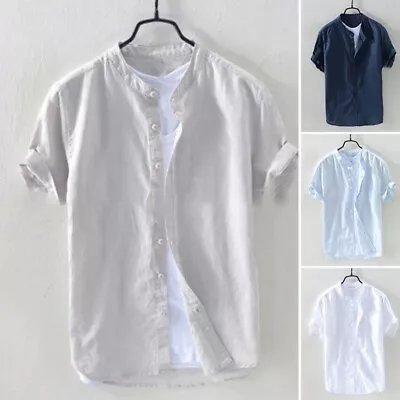 Stylish And Versatile Men's Collarless Linen Dress Shirt Casual Loose Top • £20