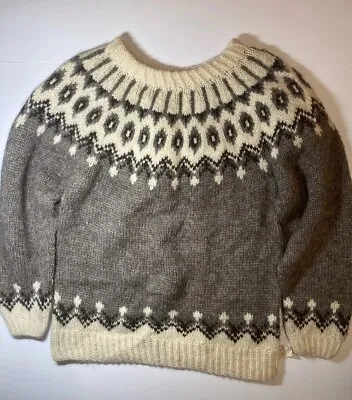 Alafoss Icewool Iceland Gray Wool Fair Isle Ski Sweater - L - NWT Handknitt • $99