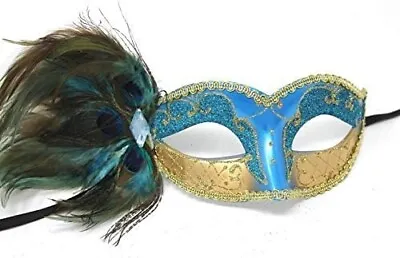 Turquoise & Gold Mask With Peacock Feathers Venetian Masquerade Ball Party Prom • £13.95