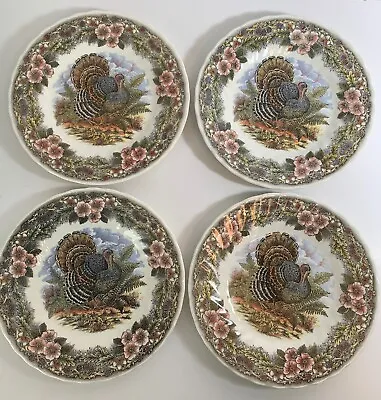 SET OF 4 Myott Churchhill Thanksgiving Wildlife Turkey Scenes Salad Plates 8” • $47.99