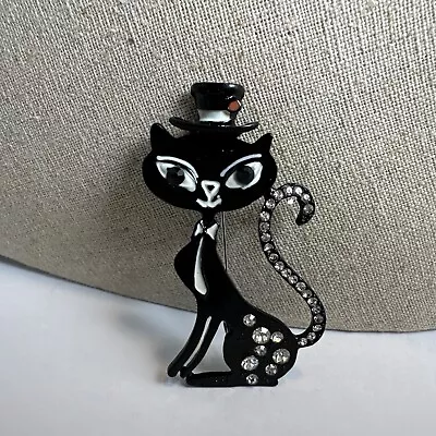 Vintage Black Enamel Cat Crystal Brooch With Top Hat • $25.20