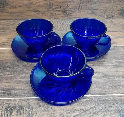 6 Pc. Duralex Vereco Bormioli Rivage Cobalt Blue Swirl Glass Tea Cups Saucers • $10.68