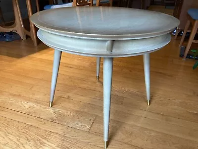 Mid Century Modern UFO Round Limed Wood & Brass  28  End Table W/ Glass Top • $150