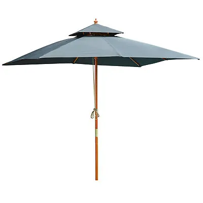 Outsunny 3m Wood Square Patio Umbrella Garden Market Parasol Sunshade Grey • £87.99