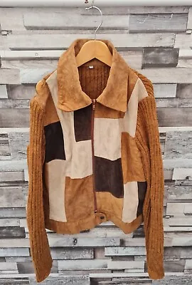 Gorgeous Unique Italian Vera Pelle Brown Leather Feel Damaged Winter Cardigan M • £10.99