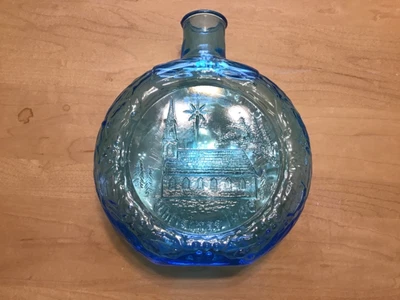 $5.99 • Buy 1986 Wheaton BLUE Iridescent Carnival Glass Christmas WITH A CHURCH  Bottle