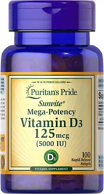 Mega Potency Vitamin D3 5000 IU 100 Softgels 125 Mcg Bone Immune D-3 Gluten Free • $13.70