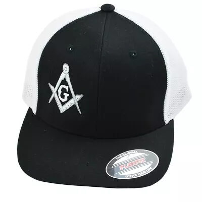 Silver Square & Compass Embroidered Masonic Flexfit Adult Trucker Hat • $27.99