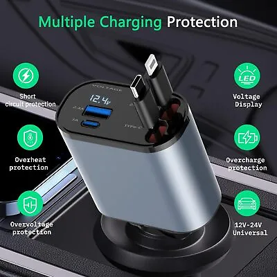 Retractable Car Charger 4 In 1 Fast Car Phone Charger 120W With USB Type C Cable • $20.94