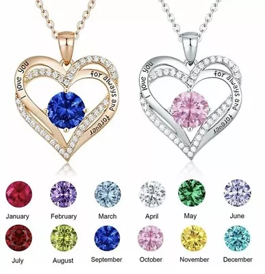 Women's Chain I Love You Heart Birthstone Necklace Ladies Jewelry Valentine Gift • £5.99