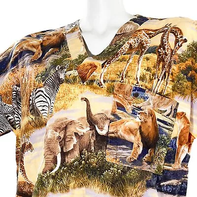 African Animals Giraffes Lions Zebras Elephants Small Scrub Top • $18.99