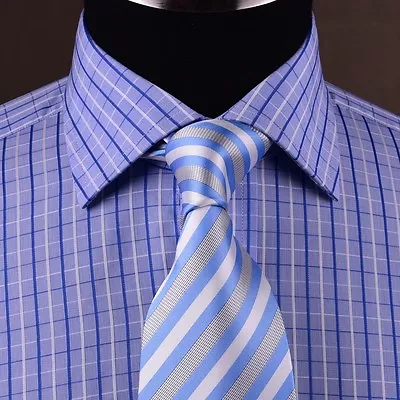 Blue Plaids & Checks Mens Dress Shirt Short Sleeve Business Casual Semi Formal • $19.99