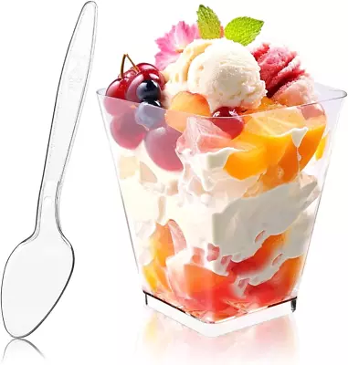50Pack 5Oz Square Plastic Dessert Cups With Spoons Reusable Clear Parfait Appet • $20.29