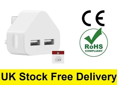 UK Mains 3 Pin Plug Adapter Wall Charger With 2 USB Ports For Phones Tablets CE • £6.49