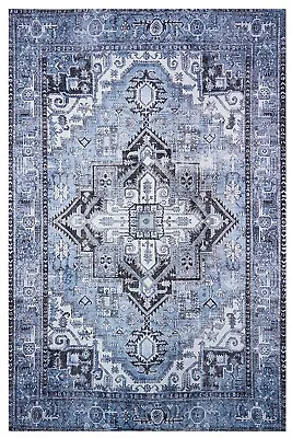 Blue Area Rug In Geometric Vintage Style Brand New Non Slip Wasable Carpet • $195