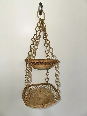 Vintage 2 Tiered Hanging Wicker Basket Planter Fruit Toys Rattan Boho Farmhouse • $27.95