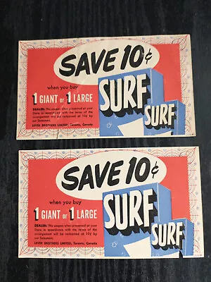 VINTAGE SURF SOAP COUPONS (x2) SAVE 10 Cents 1950s FREE SHIPPING • $7.99