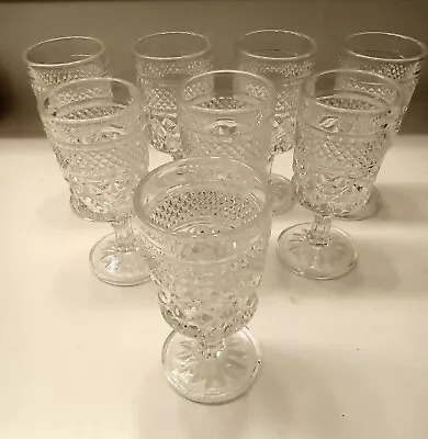 VINTAGE 8pc Anchor Hocking Wexford Diamond Cut Glass Wine Goblets/Water Glasses • $35.25