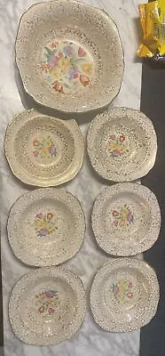 Set Of 7 Bowls H&K Tunstall 'Petit Point' Floral Gold Chintz Antique • $119