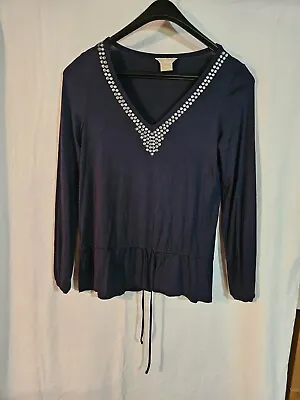 Michael Kors Women's Long Sleeve V-Neck Beaded Shirt In Navy Blue Size Medium • $13.95
