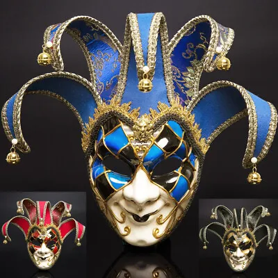 Full Face Men Venetian Theater Jester Joker Masquerade Mask Bells Mardi Gras • $31.90