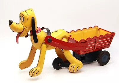 EX! DISNEY 1950's LINEMAR  PLUTO PULLING CART  LITHOGRAPHED TIN FRICTION TOY • $325