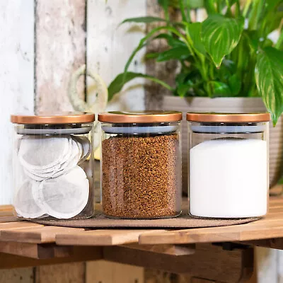 Set Of 3 Glass Storage Jars With Copper Colour Lids Small Tea Coffee Sugar Food • £22