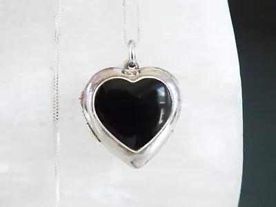 Vintage Sterling Silver 925 Heart Locket Onyx Pendant 20  Necklace • $49.99