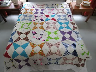 Vintage Machine Pieced Cotton THE GREAT CIRCLE Tied Quilt (or TOP);  98  X 76  • $15