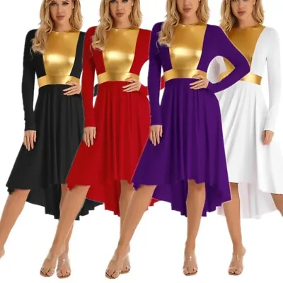$26.55 • Buy Women Praise Dance Dress Metallic Swing Lyrical Dancewear Long Sleeve Dresses