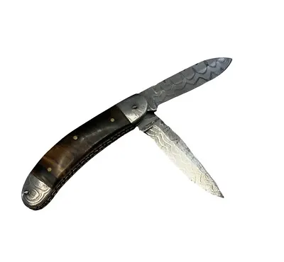 Rare Double Blade Damascus Gold  Rosewood & Fossil  Bone Folding  Knife • $250
