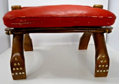 Vintage Egyptian Camel Saddle Studded Wood Leather Seat Foot Stool Brass Caps • $153.99